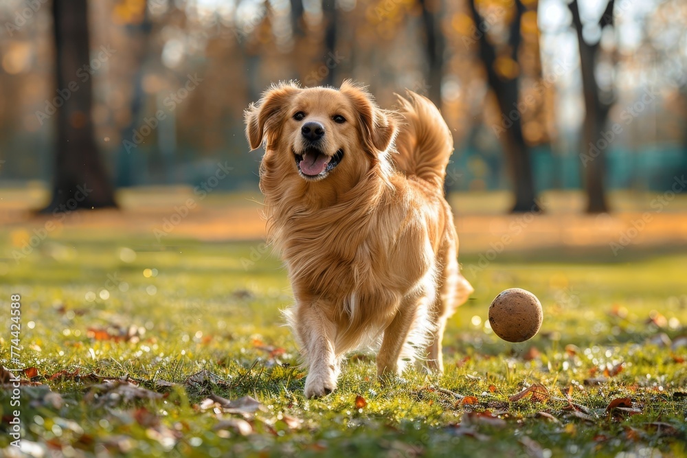 Joyful dog playing fetch outdoors on sunny day