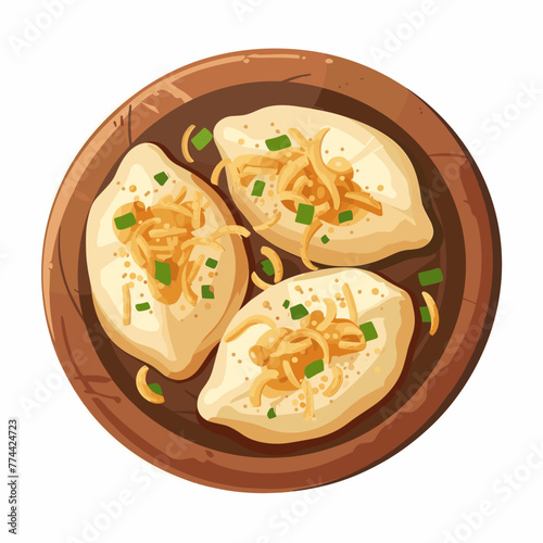 Fried dumplings in a wooden plate. Vector illustration.