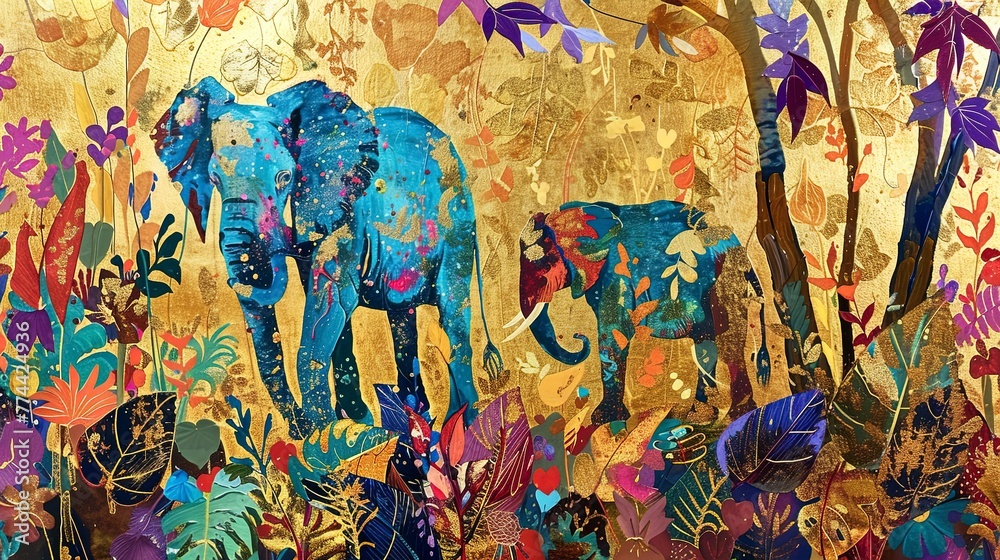Wall frescoes of flowers with elephants.
