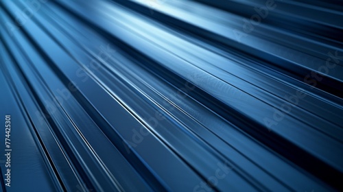 Dark blue metal panels with linear patterns. Close-up on metallic surface with glossy finish. Industrial design concept for background and textures