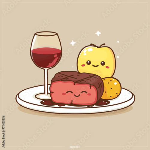 Kawaii beef steak and red wine. Vector illustration in cartoon style