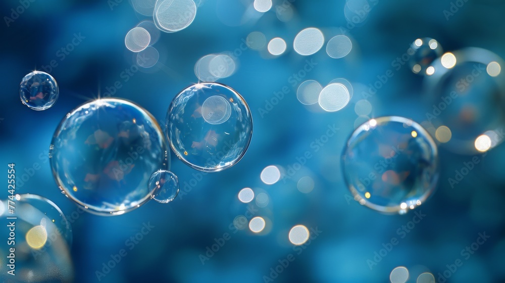 Transparent bubbles with reflections floating on a blue bokeh background. floating soap bubbles with a blue backdrop, featuring beautiful light reflections and a soft bokeh effect Transparent bubbles with reflections floating on a blue bokeh background. floating soap bubbles with a blue backdrop, featuring beautiful light reflections and a soft bokeh effect