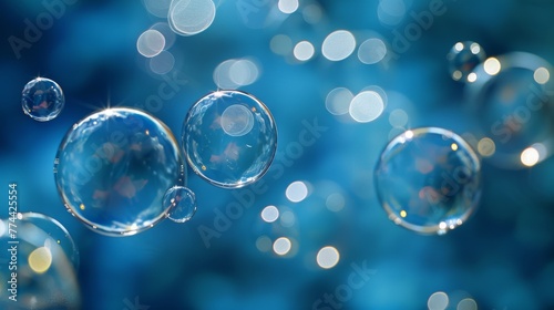 Transparent bubbles with reflections floating on a blue bokeh background. floating soap bubbles with a blue backdrop  featuring beautiful light reflections and a soft bokeh effect