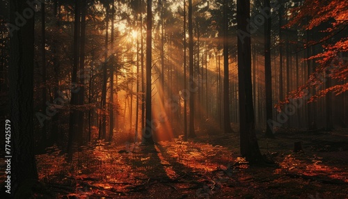 The sun is shining through the trees  casting a warm glow on the forest floor