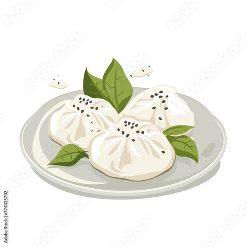 Vector illustration of steamed dumplings on a plate with green leaves.
