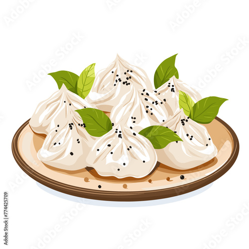 Vector illustration of steamed dumplings on plate with green leaves