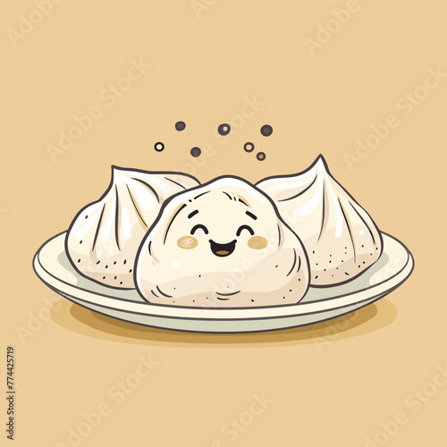 Vector illustration of steamed dumplings on plate. Cartoon style.