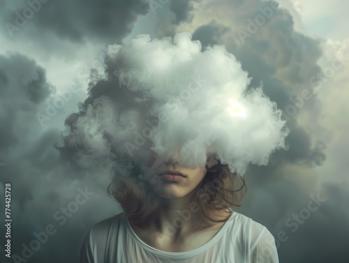 Young woman with her head in cloud. Depression, loneliness and mental health concept. Psychology theme, dreaming, having racing thoughts in mind. Concept of memory loss, dementia