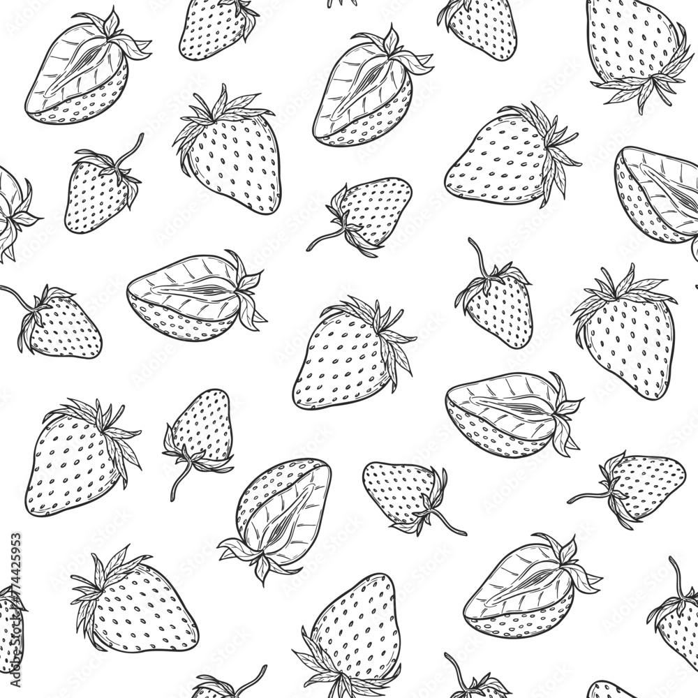 Strawberry seamless pattern, vector strawberries line art illustration, hand drawn botanical outline illustration. Monochrome drawing. For coloring book, background, pattern, packaging, logo, textile. Strawberry seamless pattern, vector strawberries line art illustration, hand drawn botanical outline illustration. Monochrome drawing. For coloring book, background, pattern, packaging, logo, textile.