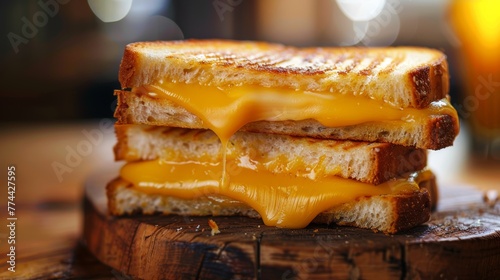 A slice of cheese sandwich with a melted cheese oozing out of it