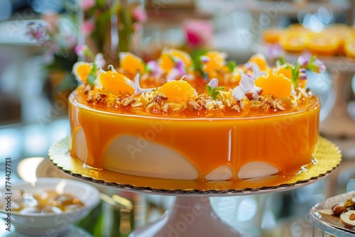 Orange mousse cake with almond krokant in mirror glaze Selective focus