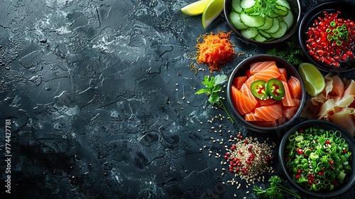 Set of sushi and rolls on a dark stone background. Food advertising. Banner, menu.