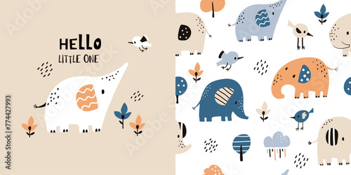 Сhildish pattern with little elephant. baby shower greeting card. Animal seamless background, cute vector texture for kids bedding, fabric, wallpaper, wrapping paper, textile, t-shirt print photo