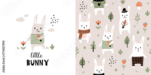 Сhildish pattern with cute bunny, baby print. Animal seamless background, cute vector texture for kids bedding, fabric, wallpaper, wrapping paper, textile, t-shirt print © Colorlife