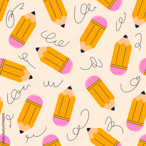 Seamless pattern with colorful pencils. Back to school elements vector flat illustration.