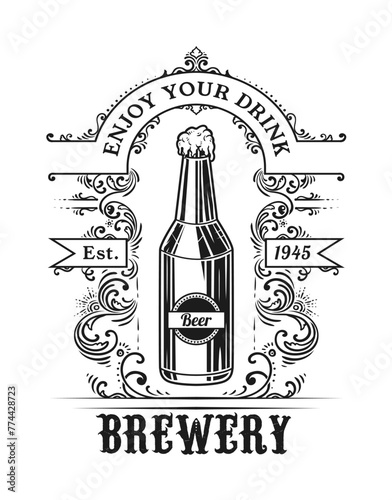Isolated retro vintage Beer logo, Ornament logo with a bottle of beer.