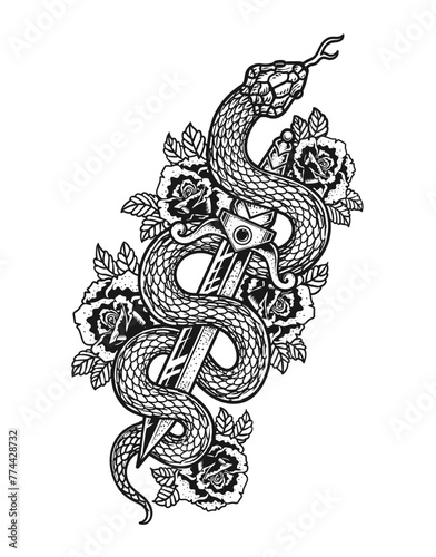 Isolated knife with rose and snake, Romantic flesh art festival poster. Rock and Roll music related sign. Vector illustration