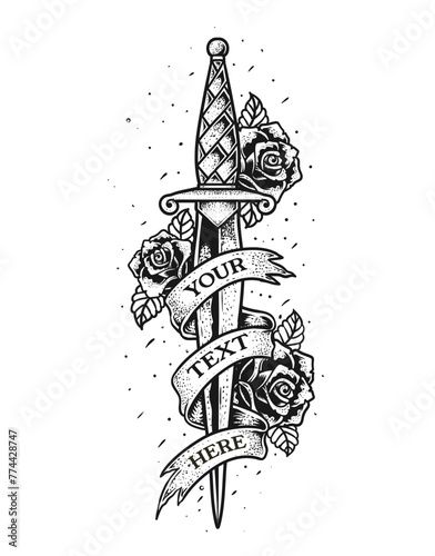 Isolated knife with rose flower, Romantic flesh art festival poster. Rock and Roll music related sign.