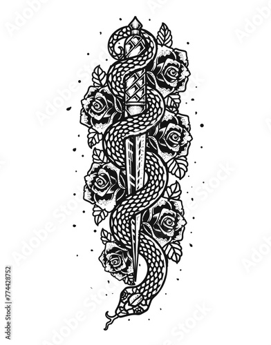 Isolated knife with rose and snake, Romantic flesh art festival poster. Rock and Roll music related sign.