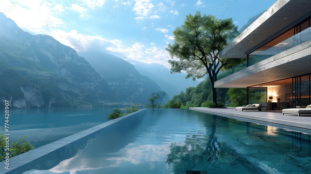 Fototapeta premium Elevated Elegance: Mountain Pool Reflections, generative ai