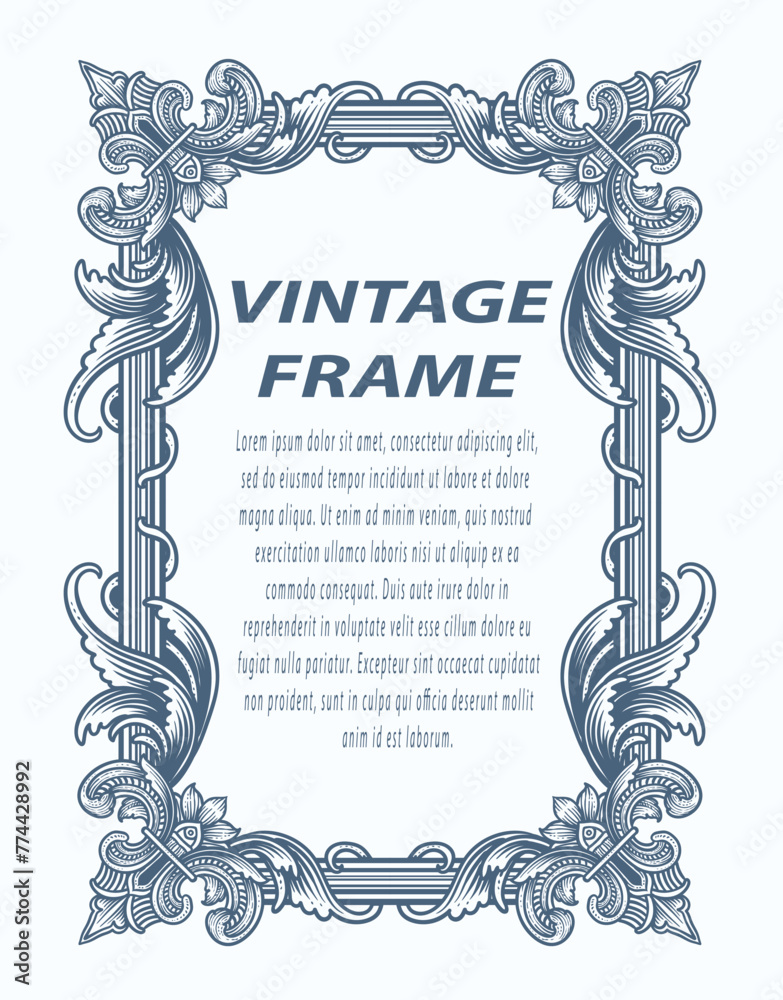 Vintage border frame engraving with antique ornament pattern - Vector Design