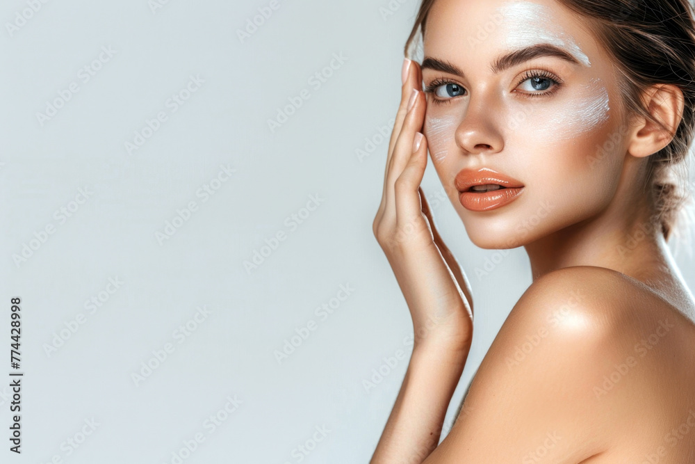 Model with nourishing facial cream. A woman with a luminous complexion, gently touching her face with cream applied to highlight the ritual of skincare. copy space Model with nourishing facial cream. A woman with a luminous complexion, gently touching her face with cream applied to highlight the ritual of skincare. copy space