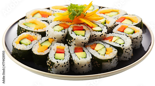 A vibrant assortment of sushi delicately arranged on a pristine white background