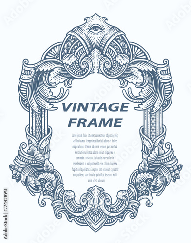 Vintage border frame engraving with antique ornament pattern - Vector Design