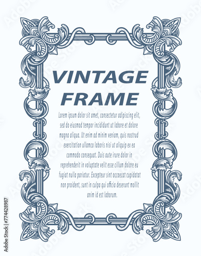Vintage border frame engraving with antique ornament pattern - Vector Design