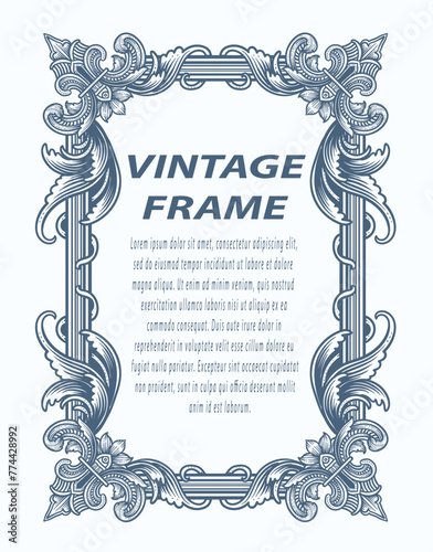 Vintage border frame engraving with antique ornament pattern - Vector Design