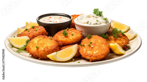 Succulent crab cakes resting atop a white plate, garnished with zesty lemon wedges