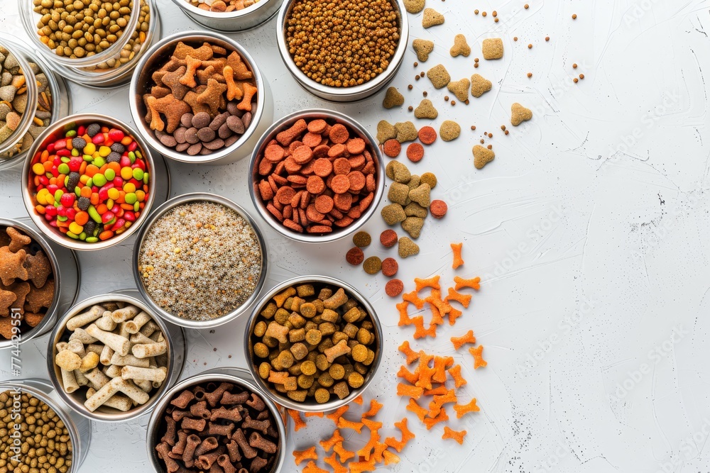 Pet food ingredients on white background includes wet meal kibbles and canned options Advertising dog and cat nutrition Pet food ingredients on white background includes wet meal kibbles and canned options Advertising dog and cat nutrition