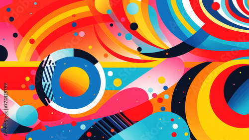 A vibrant abstract composition featuring a variety of colorful circles and intersecting lines in a dynamic arrangement, retro futuristic concept