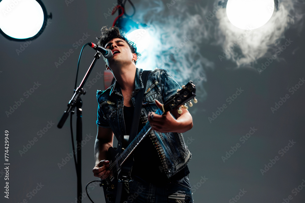 Rock singer playing electric guitar and static mic, sings a song and playing guitar on a grey background.