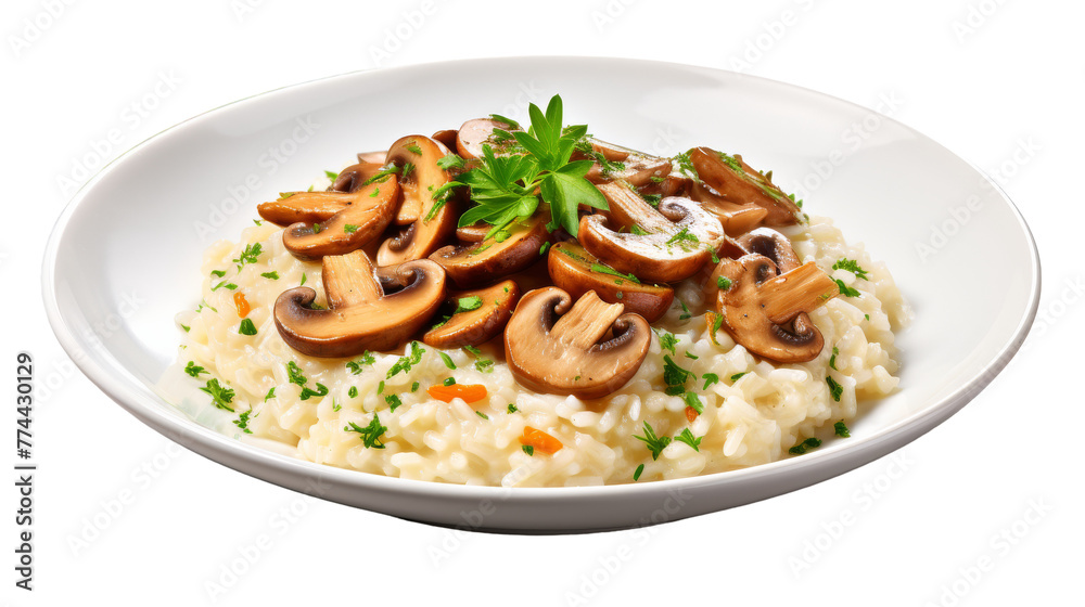 A white plate holding a generous serving of fragrant rice topped with hearty slices of sautéed mushrooms