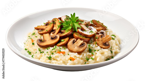 A white plate holding a generous serving of fragrant rice topped with hearty slices of sautéed mushrooms