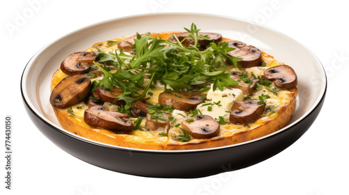 A white plate holds a savory pizza covered in a variety of mushrooms