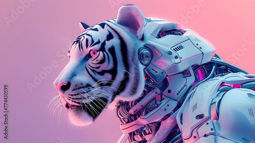 futuristic AI robot with head of tiger-albino,in pink neon light,symbolizing strength,intelligence,blending power of technology with majesty of animal kingdom, perfect for innovative concepts © Наталья Лазарева