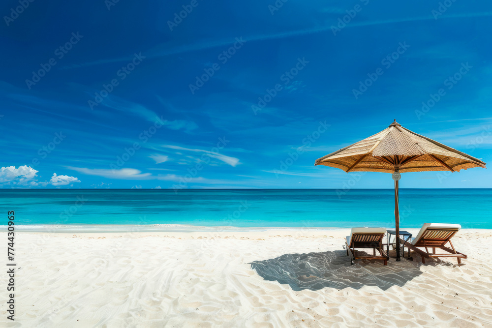 Two beach chairs on the tropical sand beach.