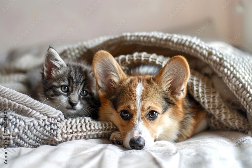 Small kitten plays with friendly corgi puppy under blanket on bed at home Blank space for text