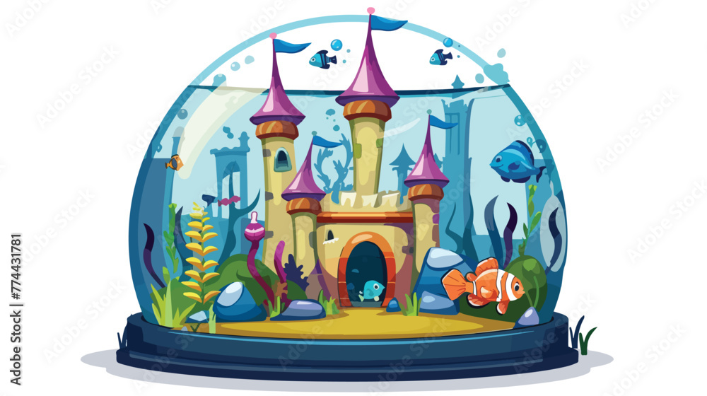 Illustration of a castle inside the aquarium on a w
