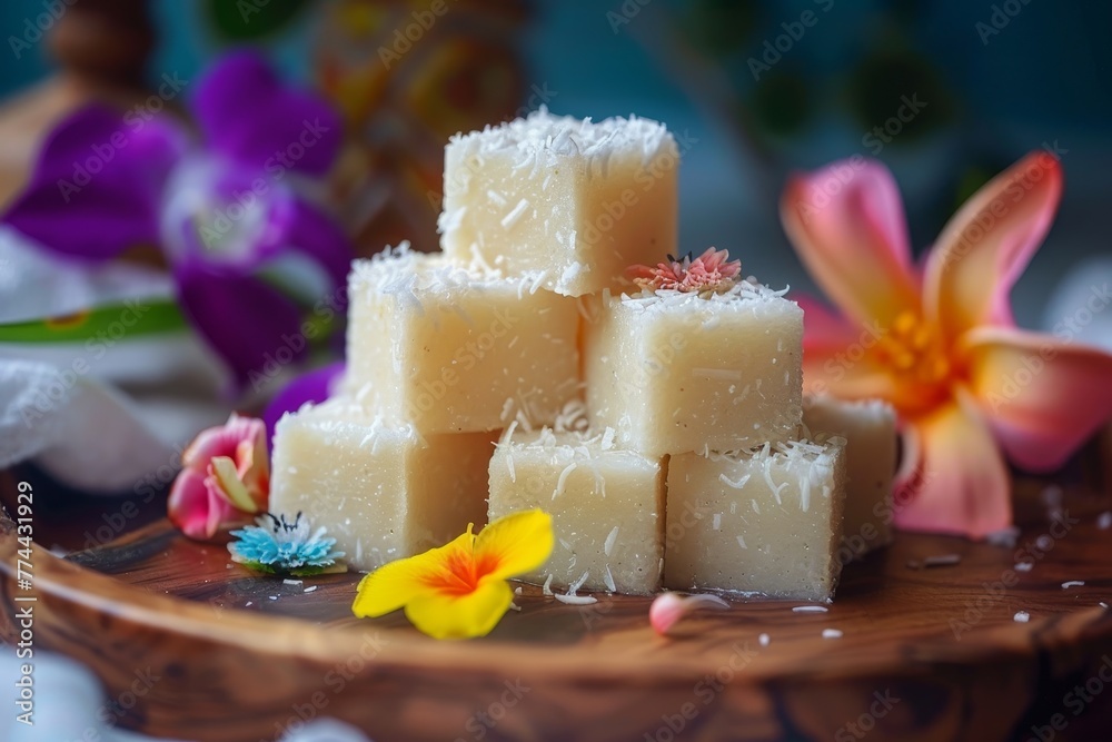 Stacked coconut pudding squares with flowers on wooden plate Stacked coconut pudding squares with flowers on wooden plate
