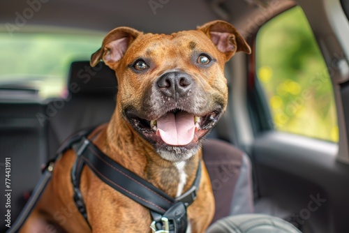 Staffordshire Bull Terrier happily secured in car with harness clip and seat cover