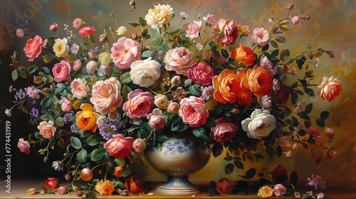 Richly Textured Floral Vase  Baroque Opulence Painting  generative ai
