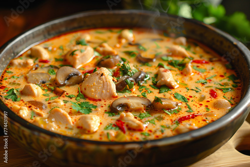 A simmering pot of Tom Kha Gai a Thai culinary