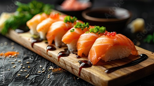 Beautiful sushi and rolls on a dark stone background. Food advertising. Banner, menu.