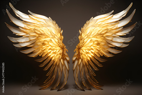 Witness the breathtaking beauty of a pair of gilded wings and feathers, soaring in ethereal splendor against a transparent background  Generative AI, photo