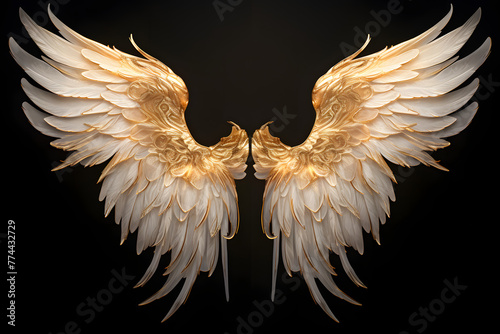 Embrace the celestial beauty of a pair of shimmering gold wings and feathers, gracefully portrayed against a transparent background Generative AI,