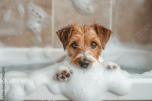Terrier dog bath with paws up in tub