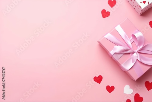 A pink gift box with a satin ribbon and scattered hearts on a light pink background.